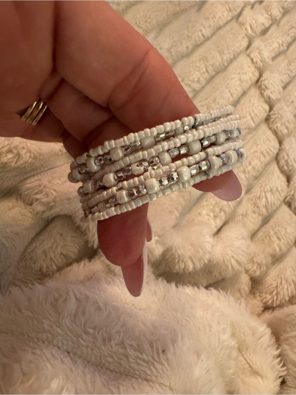 Handcrafted White Beaded Wrap Bracelet with Silver Accents